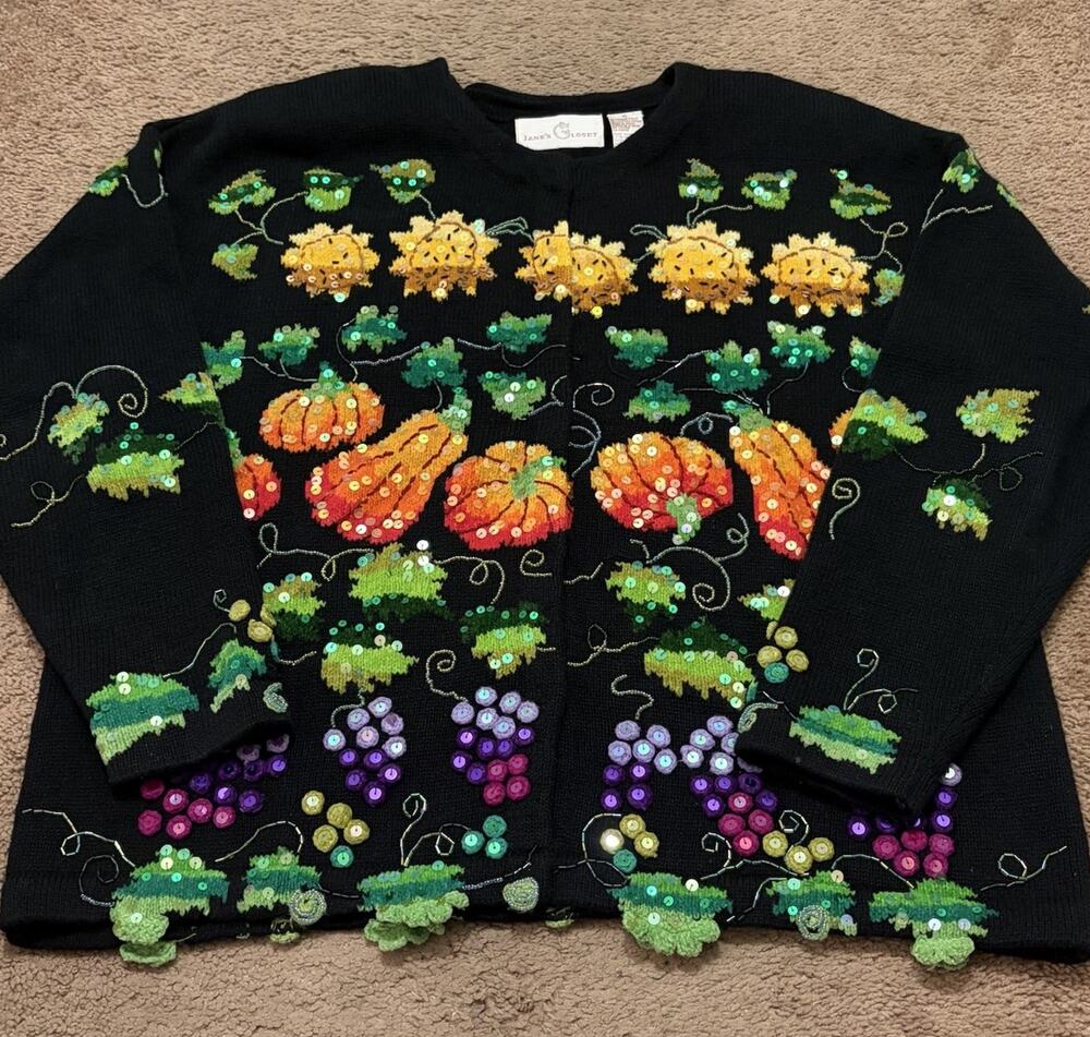 Jane’s Closet Embellished Sequins Fall Pumpkins Fruit Cardigan Sweater. Size-XL